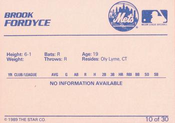 1989 Star Kingsport Mets #10 Brook Fordyce Back