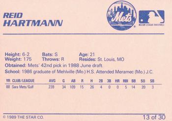 1989 Star Kingsport Mets #13 Reid Hartmann Back