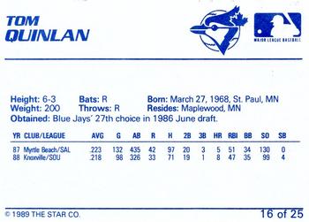 1989 Star Knoxville Blue Jays #16 Tom Quinlan Back