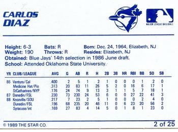 1989 Star Knoxville Blue Jays #2 Carlos Diaz Back