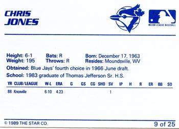 1989 Star Knoxville Blue Jays #9 Chris Jones Back