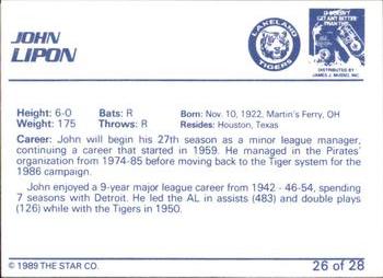 1989 Star Lakeland Tigers #26 John Lipon Back