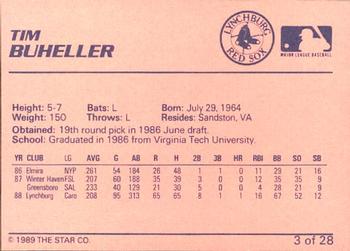 1989 Star Lynchburg Red Sox #3 Tim Buheller Back
