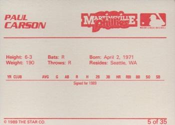 1989 Star Martinsville Phillies #5 Paul Carson Back