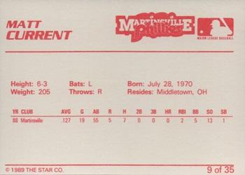 1989 Star Martinsville Phillies #9 Matt Current Back