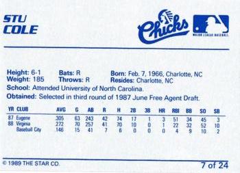 1989 Star Memphis Chicks #7 Stu Cole Back