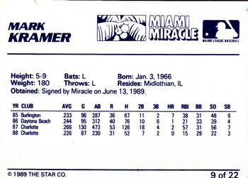 1989 Star Miami Miracle II #9 Mark Kramer Back