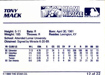 1989 Star Miami Miracle II #12 Tony Mack Back