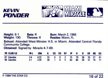 1989 Star Miami Miracle II #16 Kevin Ponder Back