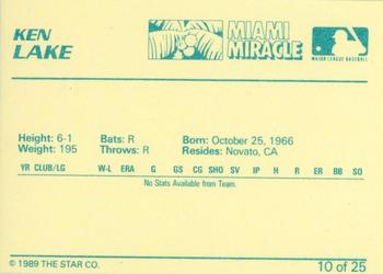 1989 Star Miami Miracle I #10 Ken Lake Back
