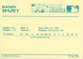 1989 Star Miami Miracle I #13 Randy Mazey Back