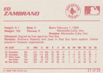 1989 Star New Britain Red Sox #21 Ed Zambrano Back