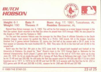 1989 Star New Britain Red Sox #23 Butch Hobson Back
