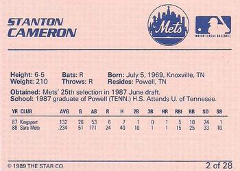 1989 Star Pittsfield Mets #2 Stanton Cameron Back