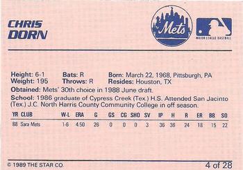 1989 Star Pittsfield Mets #4 Chris Dorn Back