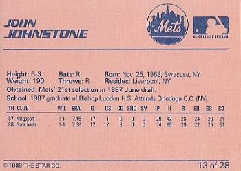 1989 Star Pittsfield Mets #13 John Johnstone Back