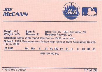 1989 Star Pittsfield Mets #17 Joe McCann Back