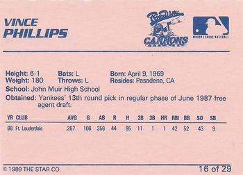 1989 Star Prince William Cannons #16 Vince Phillips Back