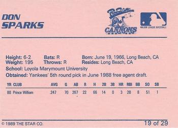 1989 Star Prince William Cannons #19 Don Sparks Back