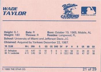 1989 Star Prince William Cannons #21 Wade Taylor Back