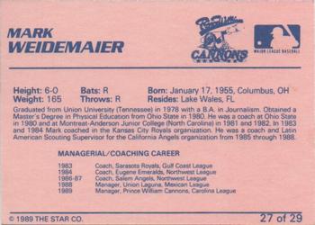 1989 Star Prince William Cannons #27 Mark Weidemaier Back