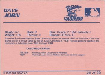 1989 Star Prince William Cannons #28 Dave Jorn Back