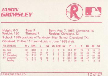 1989 Star Reading Phillies #12 Jason Grimsley Back