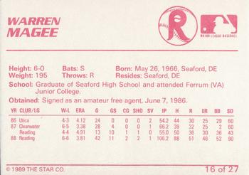 1989 Star Reading Phillies #16 Warren Magee Back