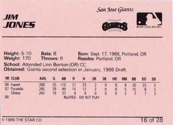 1989 Star San Jose Giants #16 Jim Jones Back