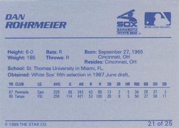 1989 Star Sarasota White Sox #21 Dan Rohrmeier Back