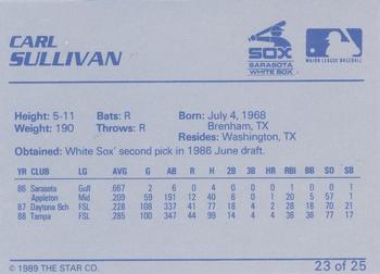 1989 Star Sarasota White Sox #23 Carl Sullivan Back