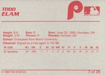 1989 Star Spartanburg Phillies #7 Todd Elam Back