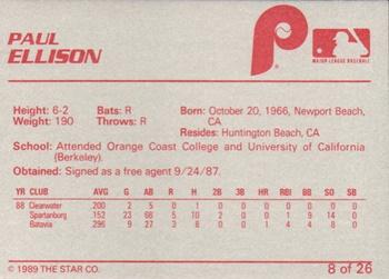 1989 Star Spartanburg Phillies #8 Paul Ellison Back