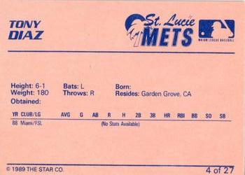 1989 Star St. Lucie Mets #4 Tony Diaz Back