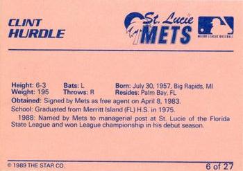 1989 Star St. Lucie Mets #6 Clint Hurdle Back
