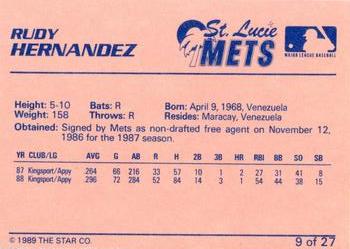 1989 Star St. Lucie Mets #9 Rudy Hernandez Back
