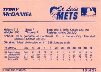 1989 Star St. Lucie Mets #16 Terry McDaniel Back