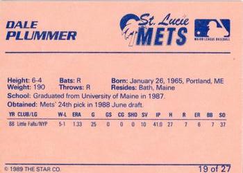 1989 Star St. Lucie Mets #19 Dale Plummer Back