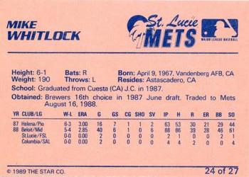 1989 Star St. Lucie Mets #24 Mike Whitlock Back