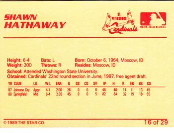 1989 Star St. Petersburg Cardinals #16 Shawn Hathaway Back