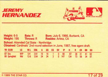 1989 Star St. Petersburg Cardinals #17 Jeremy Hernandez Back