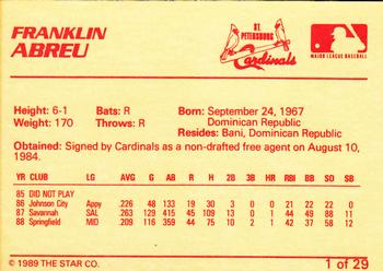 1989 Star St. Petersburg Cardinals #1 Franklin Abreu Back