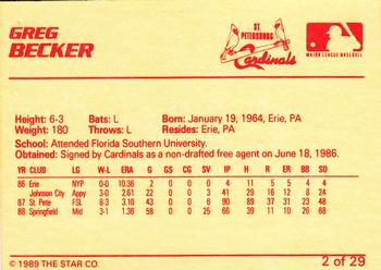 1989 Star St. Petersburg Cardinals #2 Greg Becker Back