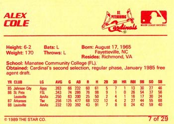 1989 Star St. Petersburg Cardinals #7 Alex Cole Back