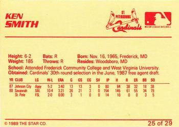 1989 Star St. Petersburg Cardinals #25 Ken Smith  Back