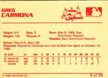 1989 Star St. Petersburg Cardinals #5 Greg Carmona Back