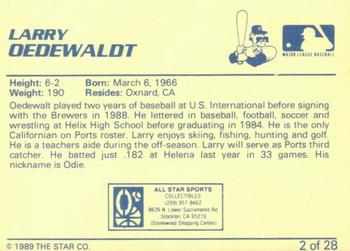 1989 Star Stockton Ports #2 Larry Oedewaldt Back