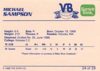 1989 Star Vero Beach Dodgers #24 Michael Sampson Back