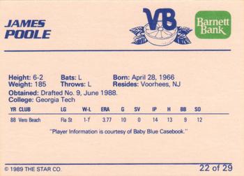 1989 Star Vero Beach Dodgers #22 James Poole Back