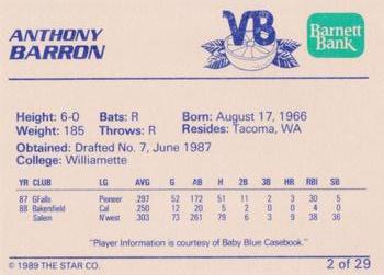 1989 Star Vero Beach Dodgers #2 Anthony Barron Back
